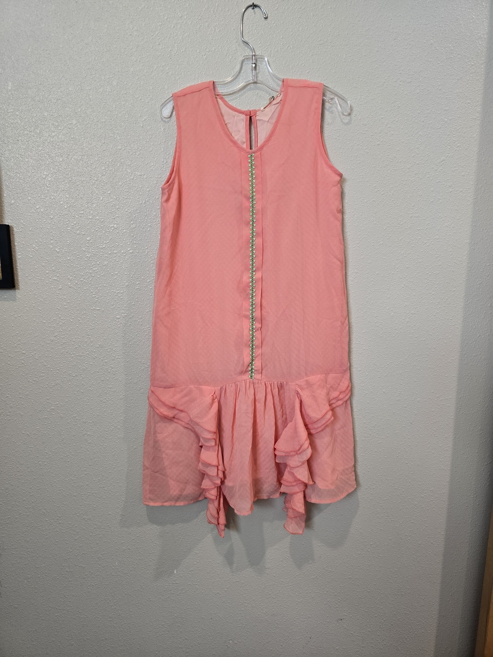 Coral Pink Ruffle Hem Dress with Front Trim